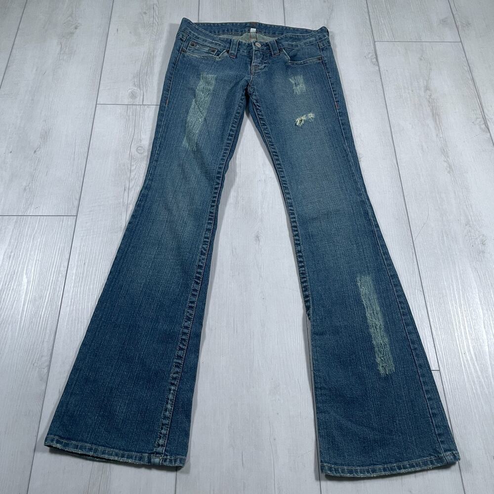 Vintage Bebe Y2k Low Rise Size 27 Flare Jeans Medium Wash Rhinestone Distressed